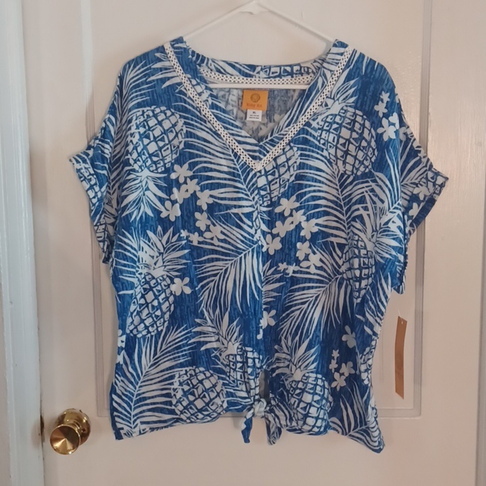 Ruby Rd. Paradise Palms top women's size xlarge blue and white